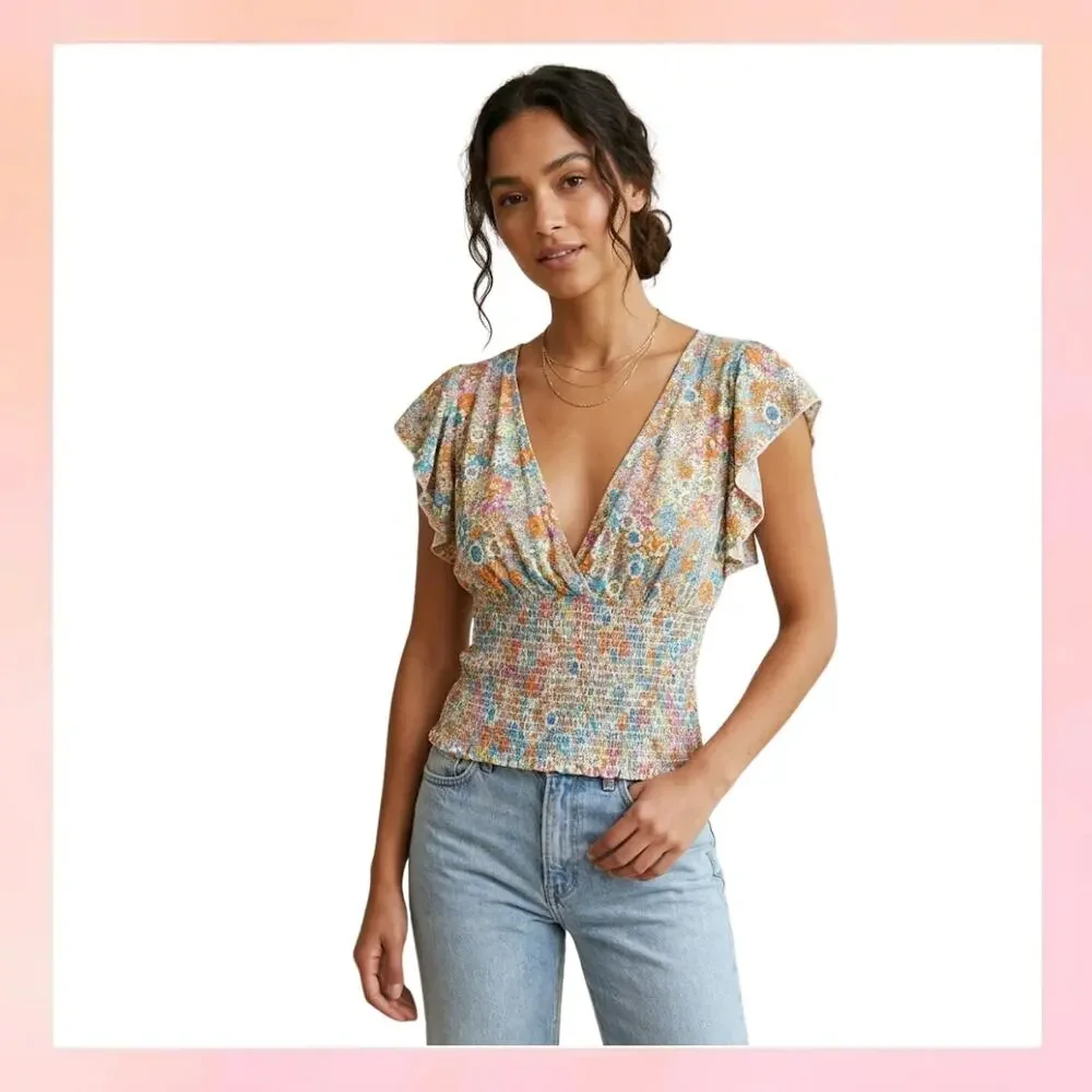 O'Neill Floral Smocked Flutter Sleeve Deep V-Neck Top Large - Picture 1 of 4
